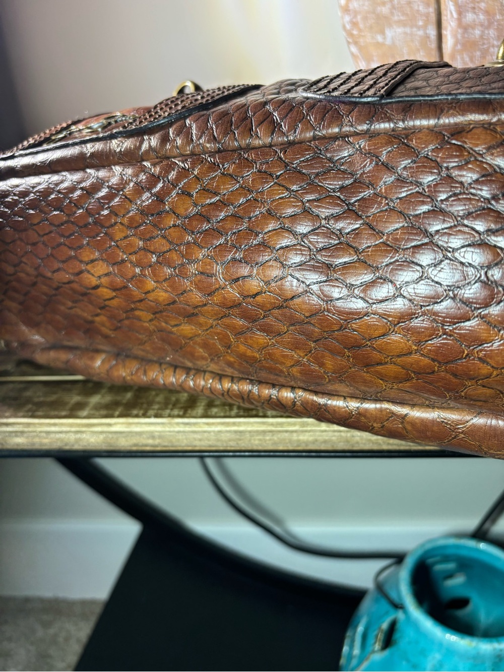 Jessica Simpson Reptilian Brown Textured Faux Leather Satchel Handbag Vegan Bag - Picture 11 of 15